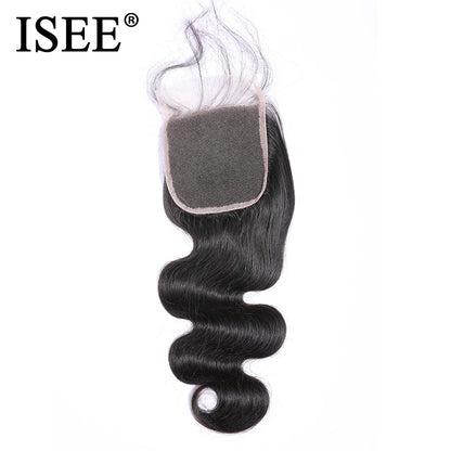 ISEE HAIR Extensiones de cabello humano 100% Remy con cierre de onda corporal peruana, 4 "x 4"