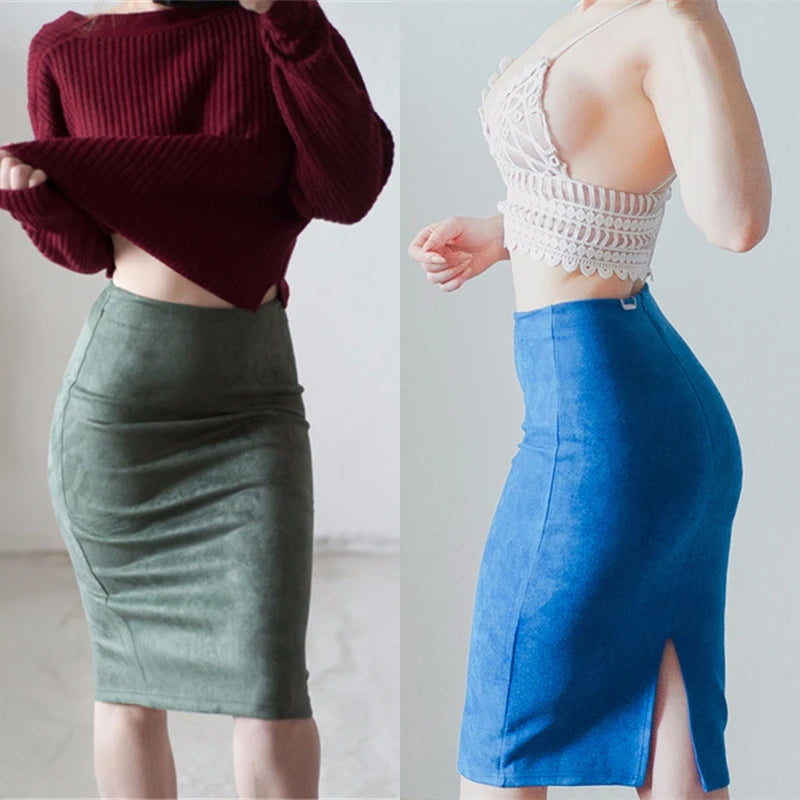 Neophil 2023 Winter Women Suede Midi Pencil Skirt High Waist Gray Pink XXL Sexy Style Stretch Wrap Ladies Office Work Saia S1009