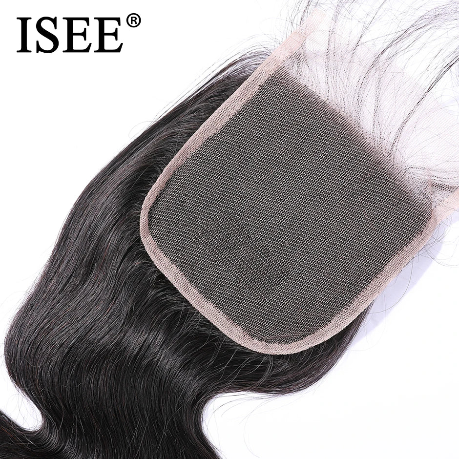 ISEE HAIR Extensiones de cabello humano 100% Remy con cierre de onda corporal peruana, 4 "x 4"