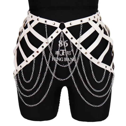 White Skirt Leather Harness Chain Metal Waist Belt