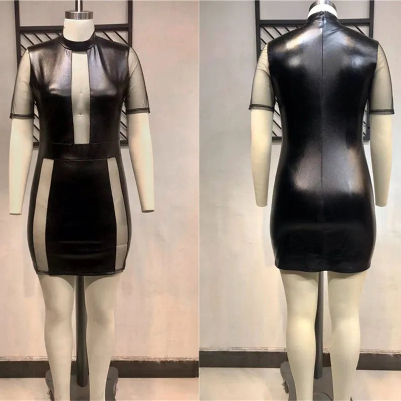 Mesh Leather Patchwork Elegant Knee-Length Dresses