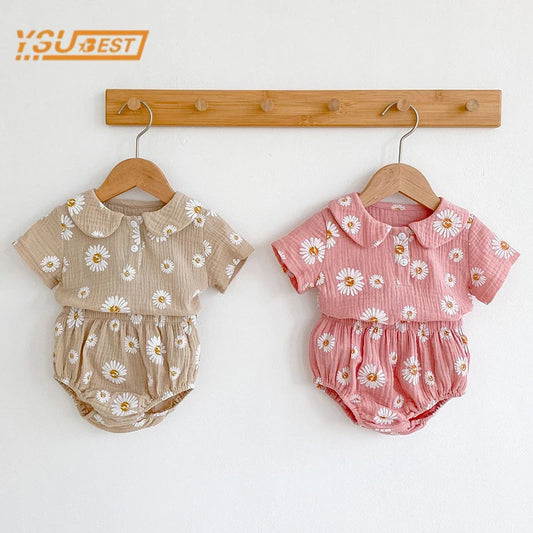 Summer Infant Girls Short Sleeve Daisy T-shirt+Shorts Clothing Sets