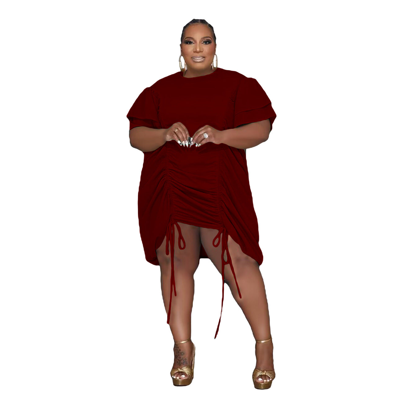 Plus Size Woman Double Sleeve Drawstring Dress