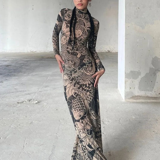 Weird Puss Mesh Maxi Dress Full Sleeve Bodycon