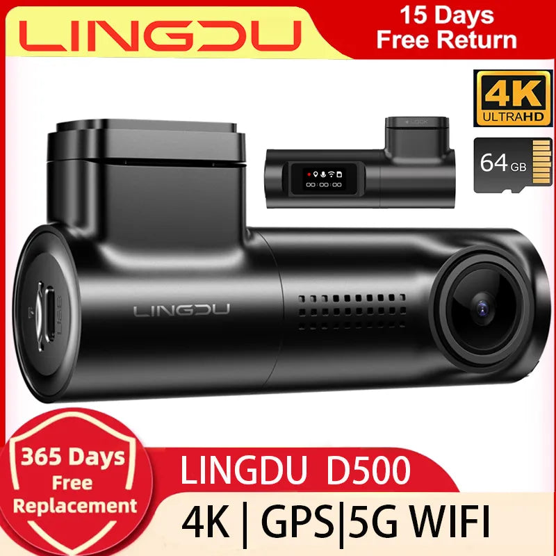 LINGDU D500 4K Dash Cam con 5GHz GPS WI-FI Visión nocturna HDR 24H Modo de estacionamiento Grabación en bucle Sensor G Gran angular de 150 °