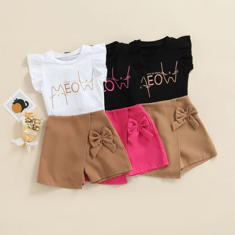 Tops sin mangas para niños pequeños + lindos pantalones cortos con lazo, moda de 2 piezas