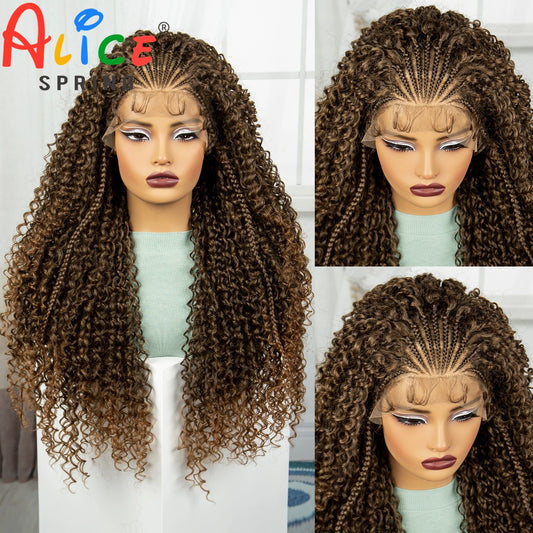 28 Inch 1B-30 Color Ombre Synthetic Braided Wigs Lace Braided Wigs Curly Knotless Box Braids Wigs with Baby Hair for Black Woman