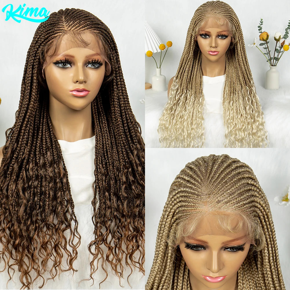 Kima Synthetic Braided Wigs 13x4 Lace Front Wig Stitch Braided Curly Side Part with Baby Hair for Black Women