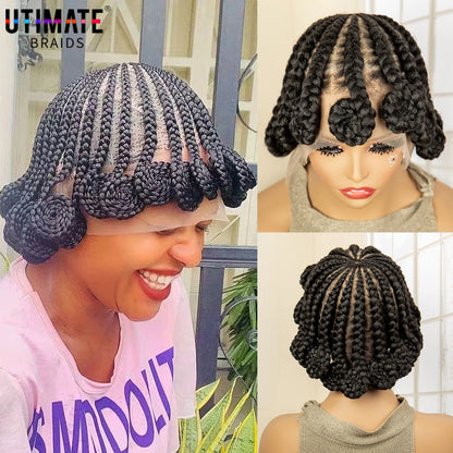 Cornrow Braided Wigs Synthetic Afro Bantu Braids with Baby Hair 8 Inches Full Lace Knotless Braiding Wig