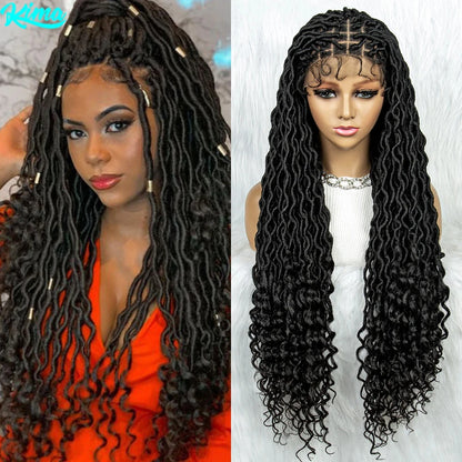 Cornrow Synthetic Braided Wigs 9*6 Lace Front Wig Square Knotless Box Braided Dreadlock Wig with Curly End for African Women