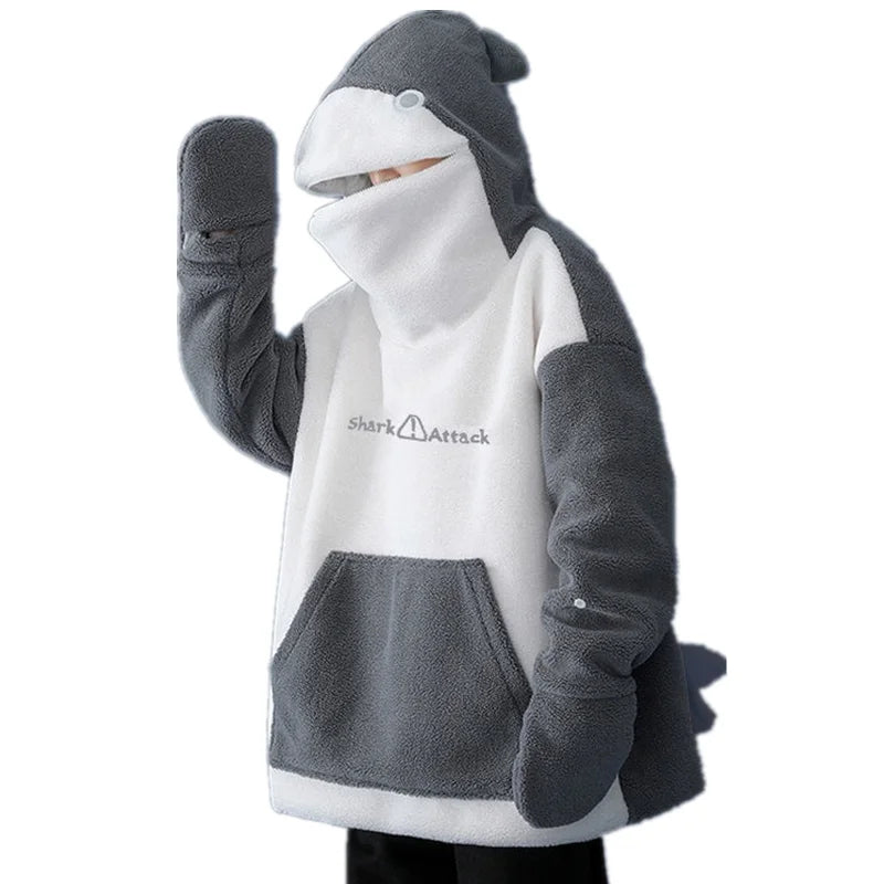 Couples Shark Shape Hoodies Kawaii Loose Tops Lambswool Zipper Hooded Big Pockets Pullovers