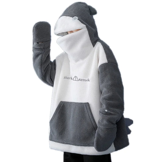 Couples Shark Shape Hoodies Kawaii Loose Tops Lambswool Zipper Hooded Big Pockets Pullovers