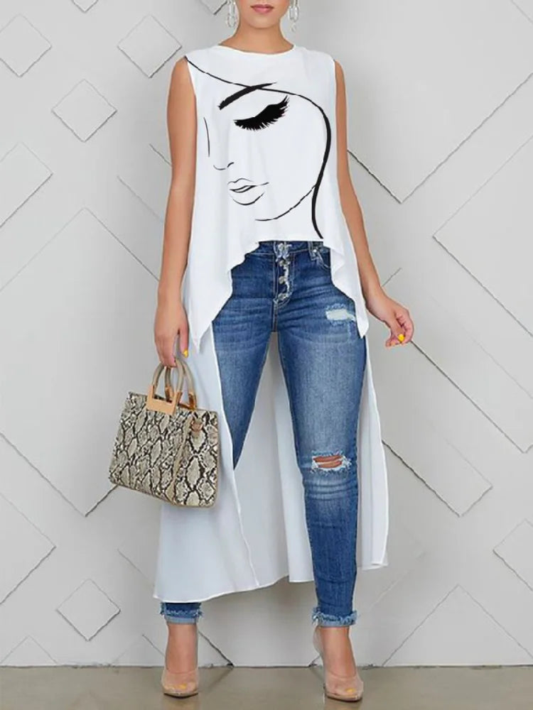 Lemongor Printed Round-Neck High-Low Vest Tops