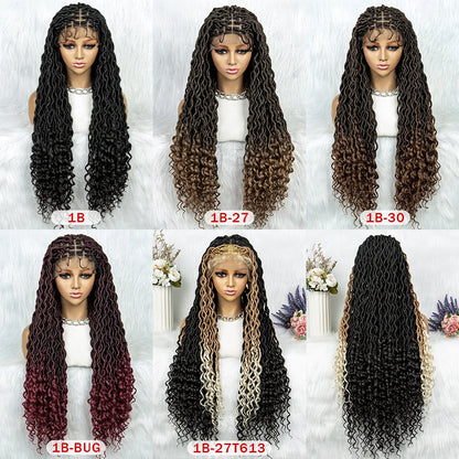 Cornrow Synthetic Braided Wigs 9*6 Lace Front Wig Square Knotless Box Braided Dreadlock Wig with Curly End for African Women