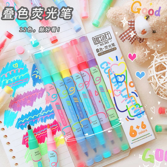 6pcs aesthetic stationery supplies school items Double-ended Magic Color Stacking colors Highlighter Pen Set Color markers