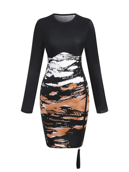 Tie-dye Rib-Knit Zipper Bodycon Dress