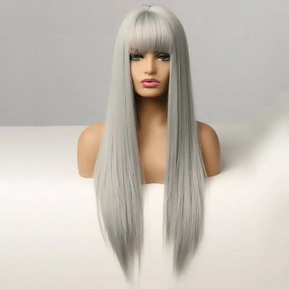 Long Silky Gray Straight Wig Synthetic Bangs Heat Resistant Women Daily Party Hair