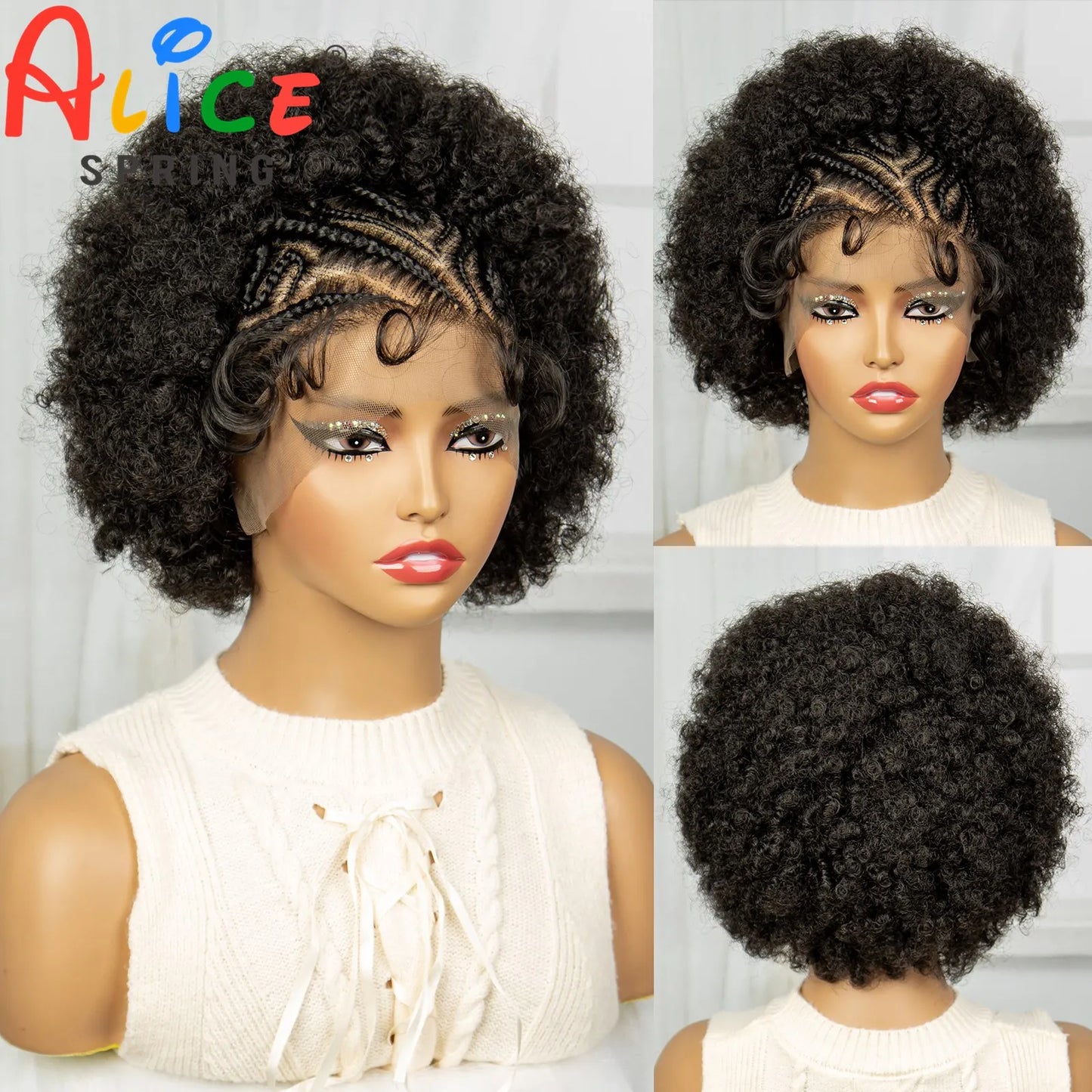 Short Curly Braided Wigs Synthetic Lace Front Braided Wig for Black Women Kontless Braiding Hair Wigs Afro Kinky Curly Hair Wig