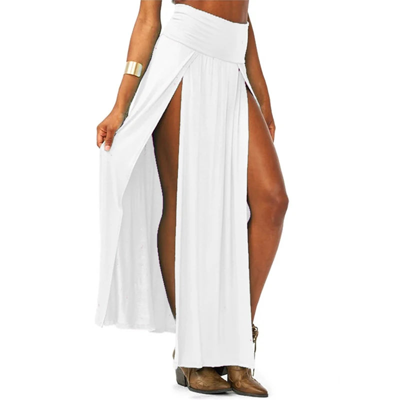 HighWaisted  Double Slits Solid Long Maxi Skirt