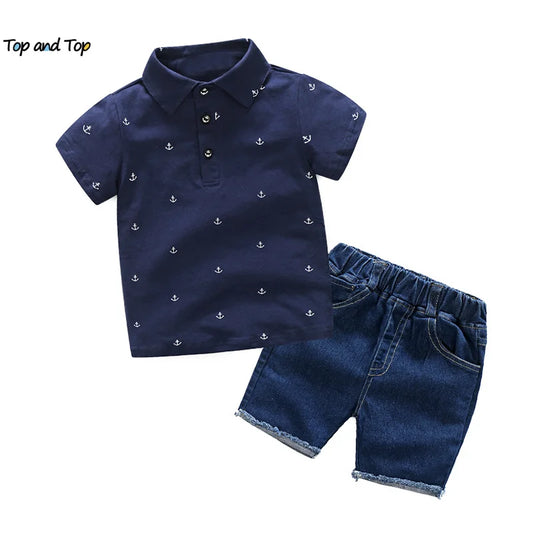 Short Sleeve Polo Shirts+Jeans Shorts 2PCS