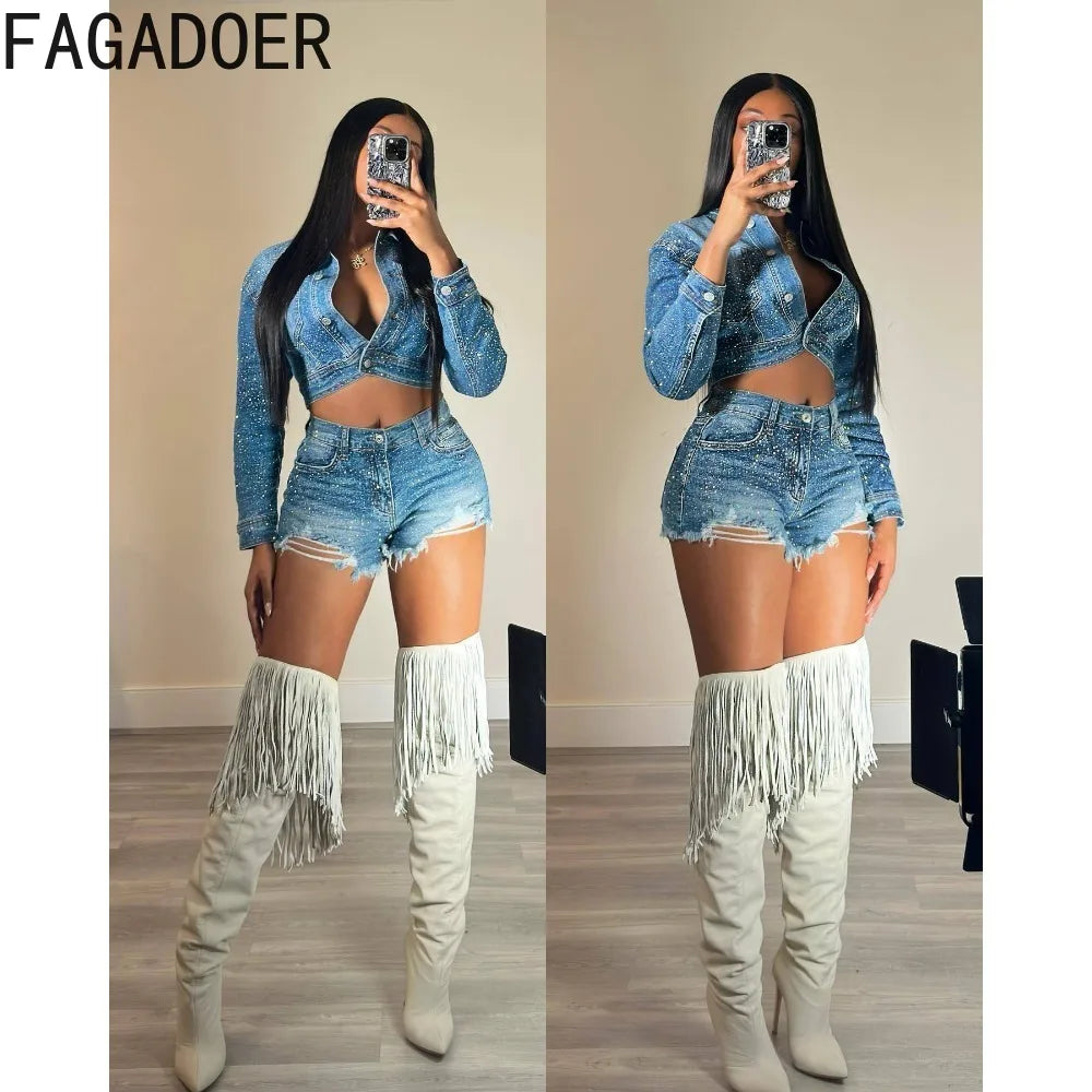 FAGADOER Retro FRhinestone Denim Dos piezas