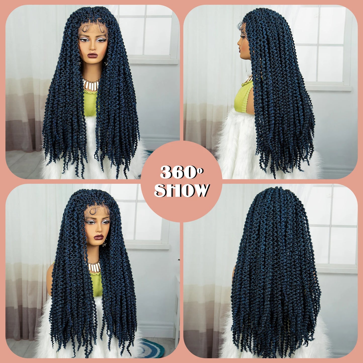 2inch Blue Synthetic Lace Front Braided Wigs for Black Women Knotless Braids Wig Embroidery Lace Braided Wig with Baby Hair