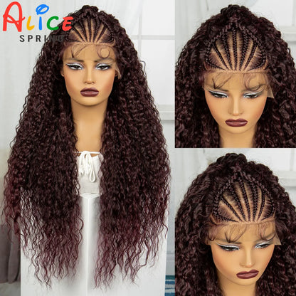 Burgundy Knotless Synthetic Lace Front Braids Wig Curly Hair with Baby Hair