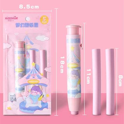 Cartoon Press Eraser Pen Replacement Refills Kawaii Stationery Gift for Students Soft Art Retractable Rubber Correction Supplies