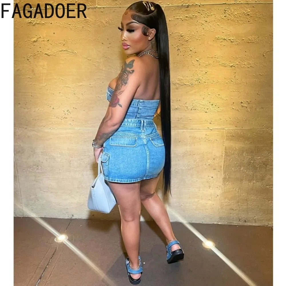 FAGADOER Blue Fashion Denim Two Piece