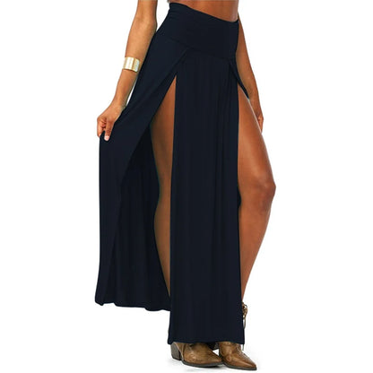 HighWaisted  Double Slits Solid Long Maxi Skirt