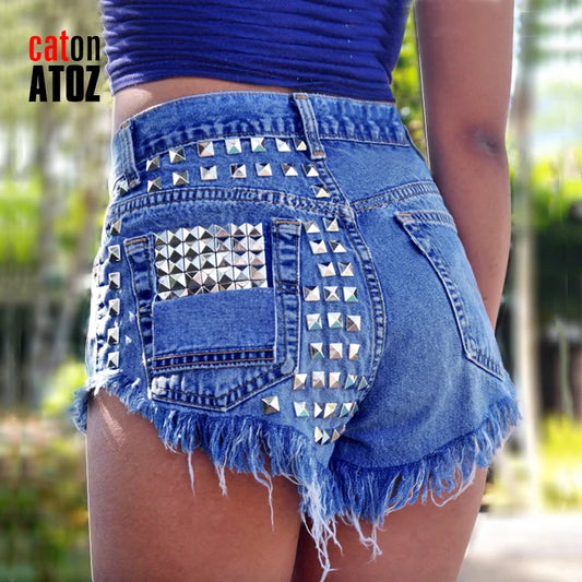 Brand Vintage Tassel Rivet Ripped High Waisted Short Jeans