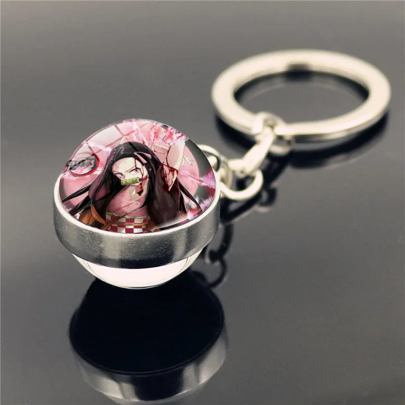 Cartoon Demon Slayer Keychain Kamado Nezuko Kanroji Mitsuri Tsuyuri Kanawo Double Sided Glass Ball Pendant Backpack Keychains