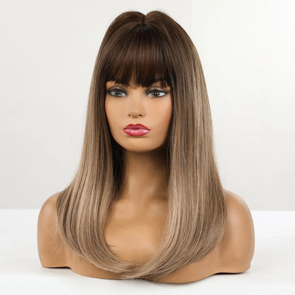 Long Mix Brown Straight Middle Part Ombre with Bangs Middle Cos Wigs