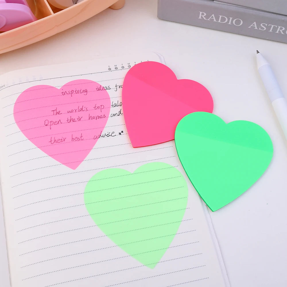 Fluorescent Heart Shaped Sticky Posted It Note Pads Transparent Memo Pad Planner Sticker Notepad for Students School Supplies