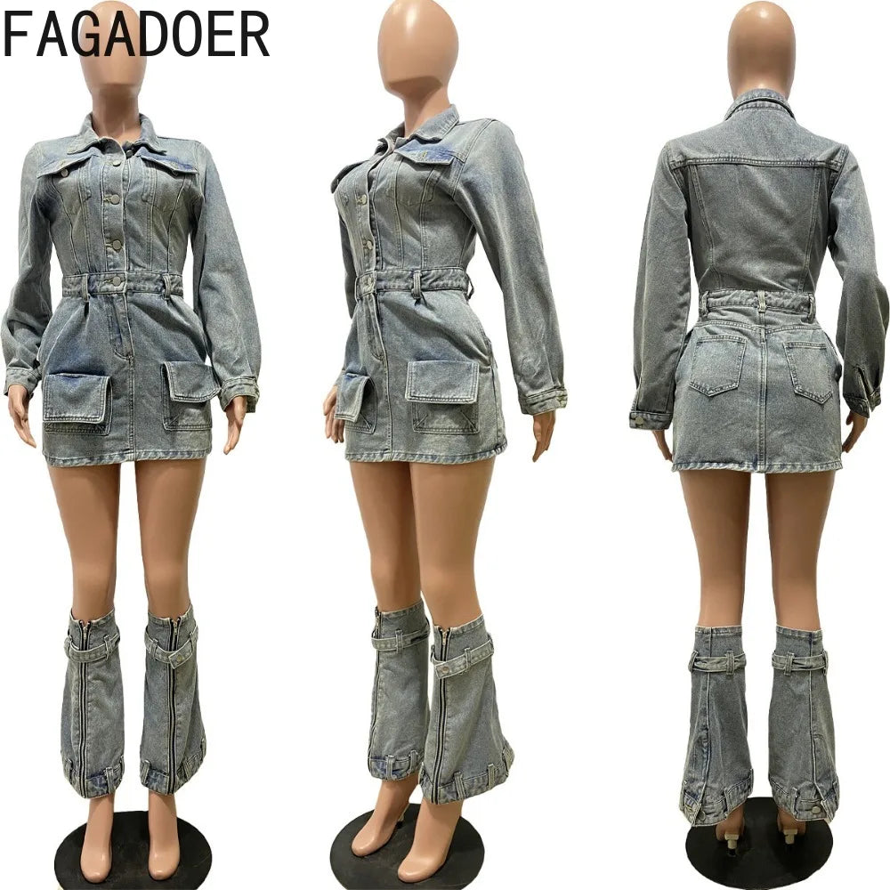 FAGADOER Minivestido vaquero de manga larga con botones de moda