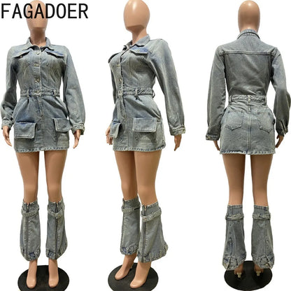 FAGADOER Minivestido vaquero de manga larga con botones de moda