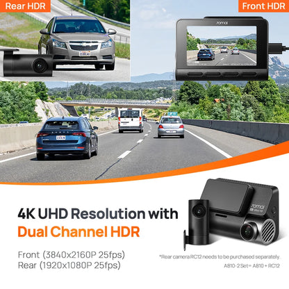 70mai Dash Cam A810 UHD 4K 150FOV GPS incorporado ADAS 24H movimiento de estacionamiento DVR para coche 70mai A810 HDR seguimiento de ruta de doble canal