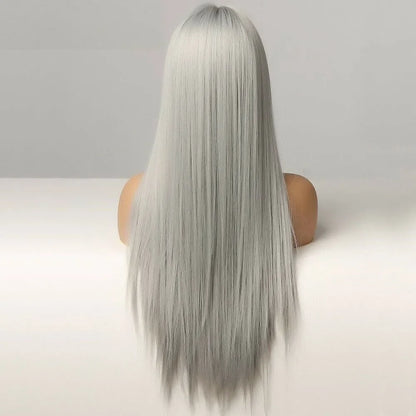 Long Silky Gray Straight Wig Synthetic Bangs Heat Resistant Women Daily Party Hair