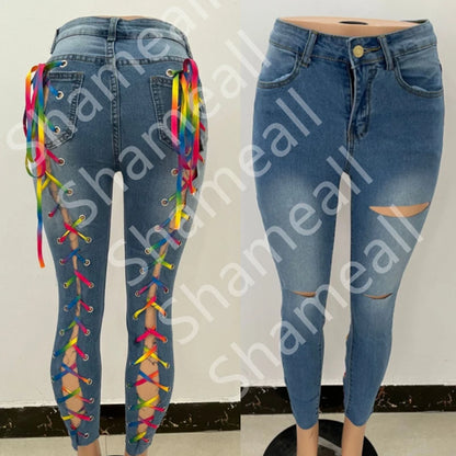 Ribbon Cross Lace Up Super Skinny Ankle Length Jeans