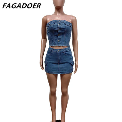 FAGADOER Azul Moda Denim Dos Piezas