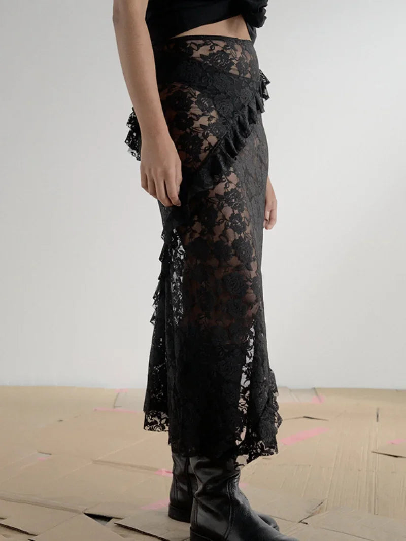 Fashion Lace High Waist Ruffles See-through Skirt