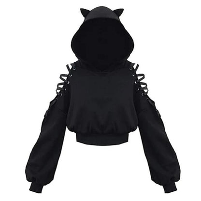 Cat Ears Long Sleeve Hoodies Hollow Out Cold Shoulder Lace-Up Loose Crop Top Harajuku Graphic  Drawstring