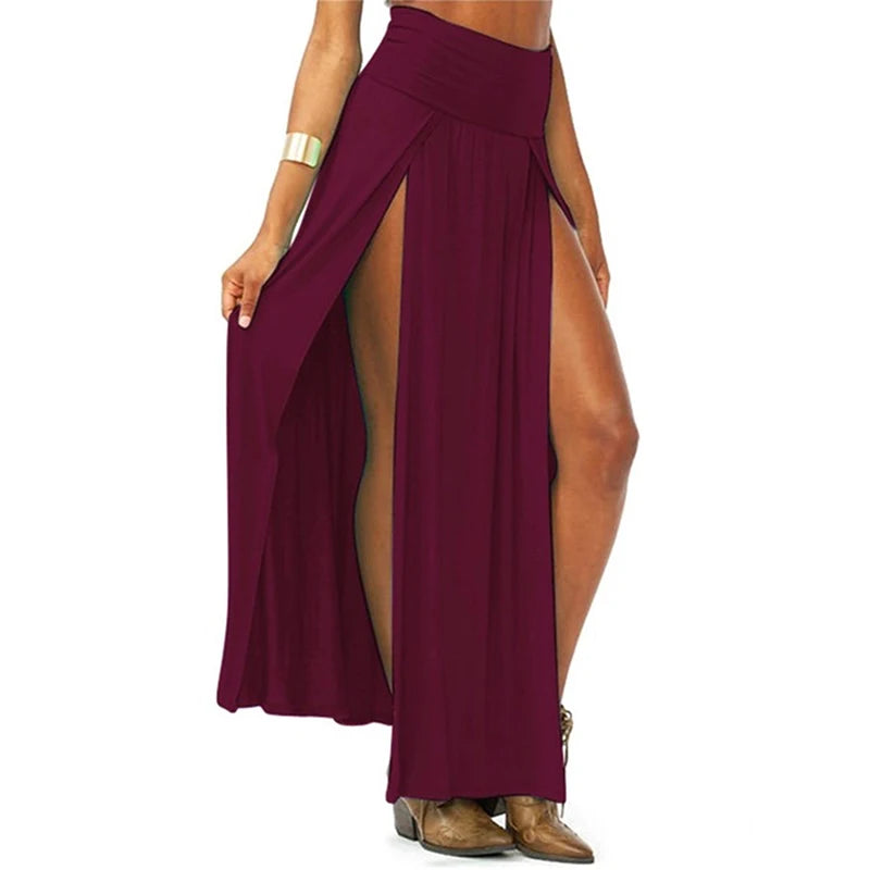 HighWaisted  Double Slits Solid Long Maxi Skirt