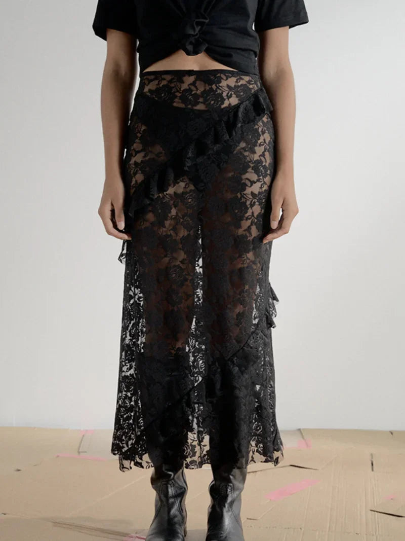 Fashion Lace High Waist Ruffles See-through Skirt