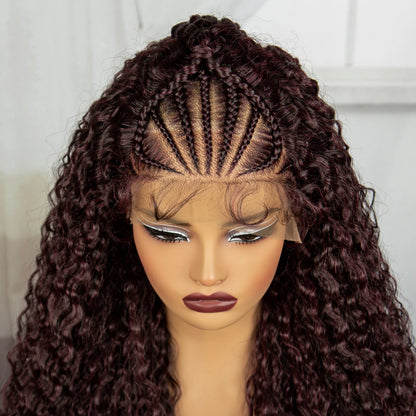 Burgundy Knotless Synthetic Lace Front Braids Wig Curly Hair with Baby Hair