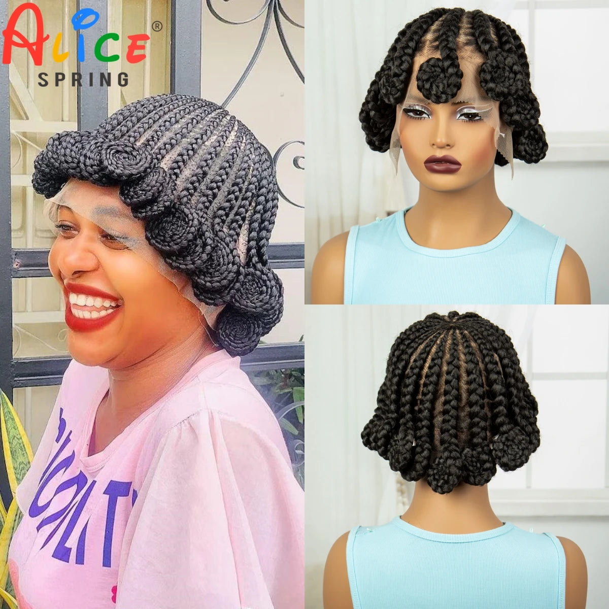 Cornrow Braided Wigs Synthetic Full Lace Handmade Knotless Bantu Braiding Hair Wig Lace Front Short Braids