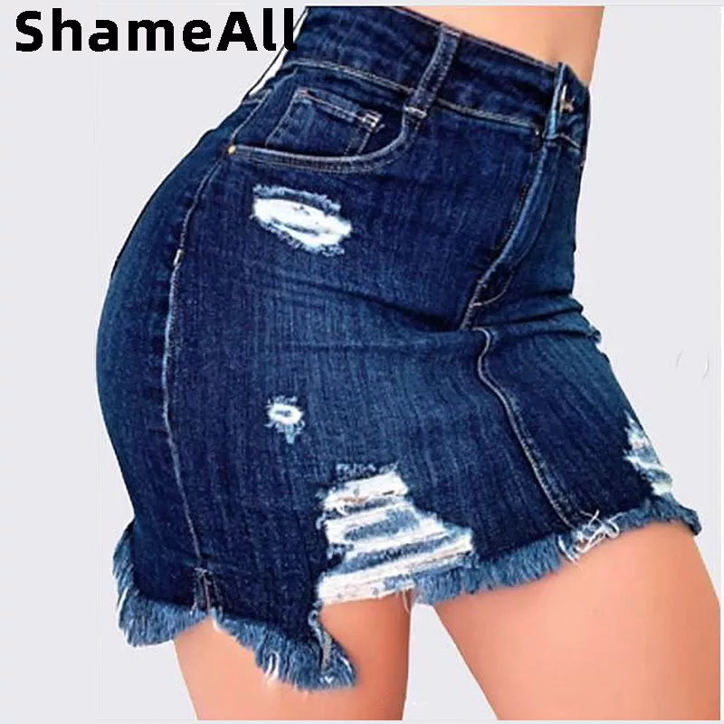 Plus Size Ripped Holes Bodycon Mini Denim Skirts