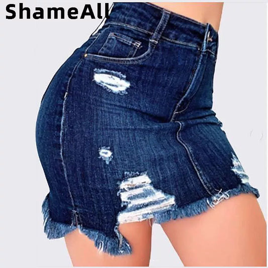 Plus Size Ripped Holes Bodycon Mini Denim Skirts