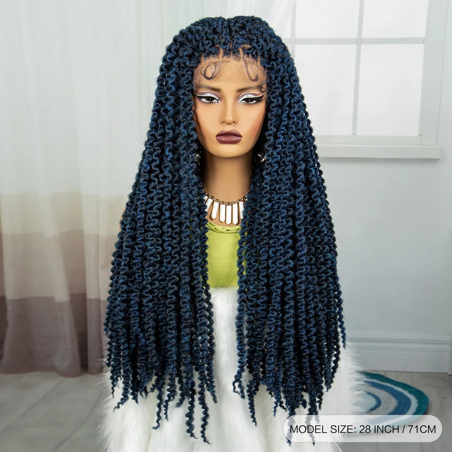 2inch Blue Synthetic Lace Front Braided Wigs for Black Women Knotless Braids Wig Embroidery Lace Braided Wig with Baby Hair