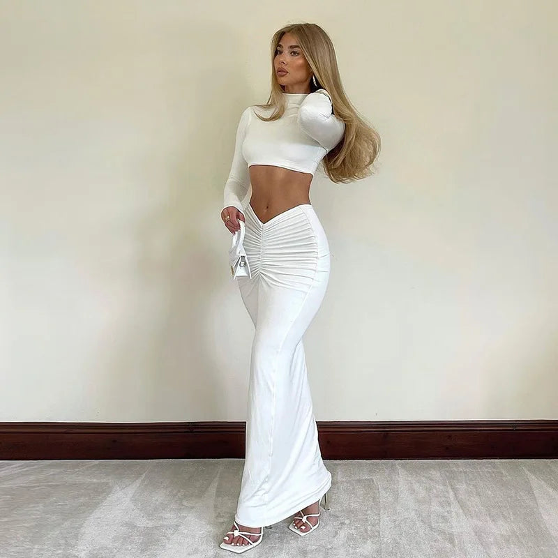 White Long Sleeve Ruche Matching Set maxi skirt